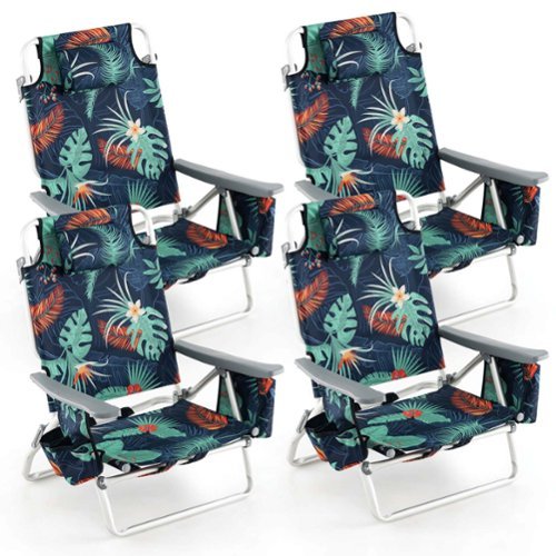 Costway - 4-Pack Folding Backpack Beach Chair 5-Position Outdoor Reclining Chairs with Pillow - Dark Green-Front_Standard 