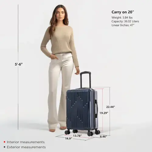 Carry on 20"  
Weight: 5.84 lbs  
Capacity: 36.02 Liters  
Linear Inches: 47"  

Interior measurements:  
13.78" x 14.9" x 8.46"  

Exterior measurements:  
22.44" x 19.29" x 8.46"  

5'-6"