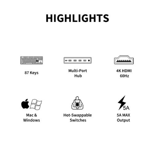 3inus KEBOHUB EE01 Wired Mechanical Keyboard with 5-in-1 Hub, 87 Keys RGB Backlit, Hot-Swappable Switches for Mac & Windows - Gray BUY IN EUROPE