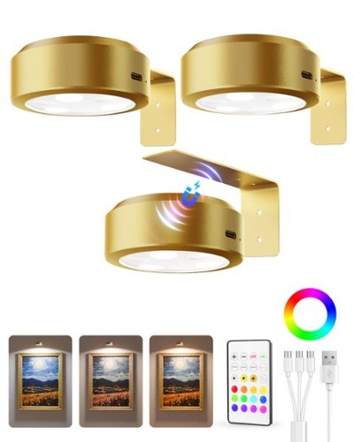 EZVALO - 3 Pack LED Picture Light Wireless Smart Recessed Lighting Wall Decor Light Painting Light with 3 Color Temps - Gold-Front_Standard 