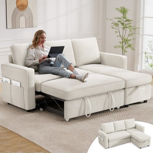 Dyonery - 81" Sleeper Sofa Bed, 2 in 1 Pull Out Couch with Reversible Storage Chaise, Beige - Beige-Front_Standard 