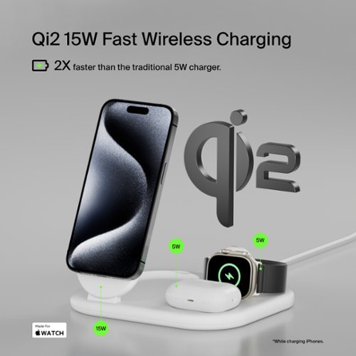 Belkin 3-in-1 15W, Foldable Magnetic Qi2 Charging Station for iPhone 16, Apple Watch, AirPods, and More, w/Non-Slip Base & PSU - White BUY IN EUROPE