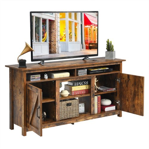Costway - 60"Industrial TV Stand Entertainment Console Center w/ Shelve & Cabinet - Brown-Front_Standard 