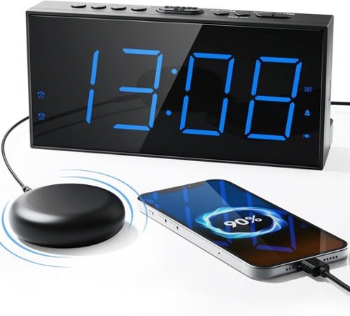 Stamp n Camp - Loud Alarm Clock with Bed Shaker for Heavy Sleeper, Dual Vibrating USB Charger Hard of Hearing/Deaf, 7.5’’ Large LED - Blue Digits, Thin Font-with Bed Shaker & Thin Font-Front_Standard 