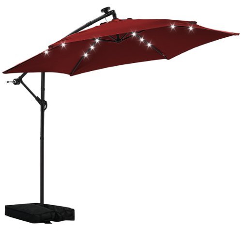 Ainfox - 10FT Solar LED Outdoor Patio Yard Offset Umbrella with Cross Base for Market,Garden,Deck,Backyard,Pool,with light - Red-Front_Standard 