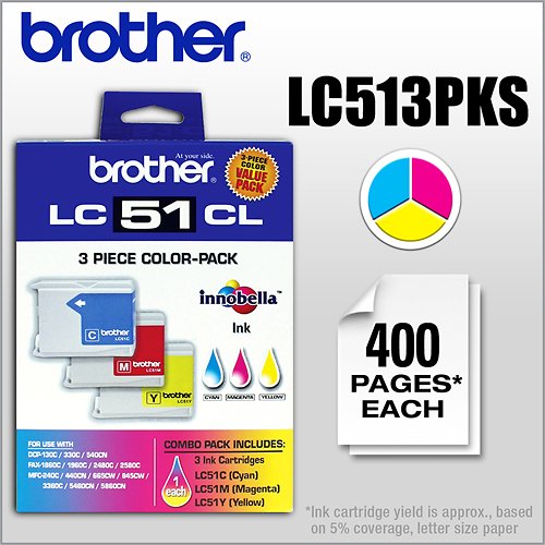  Brother - LC513PKS Standard-Yield 3-Pack Ink Cartridges - Cyan/Yellow/Magenta - Cyan, Magenta, Yellow