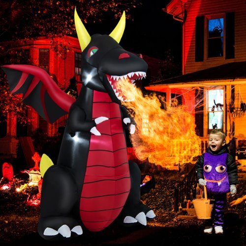 Costway - 8 FT Halloween Inflatable Fire Dragon Giant Blow up Decoration with LED Lights - Black/Red