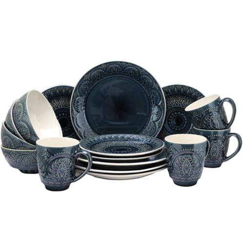 Elama - Petra 16 Piece Stoneware Dinnerware Set - Navy Blue-Front_Standard 