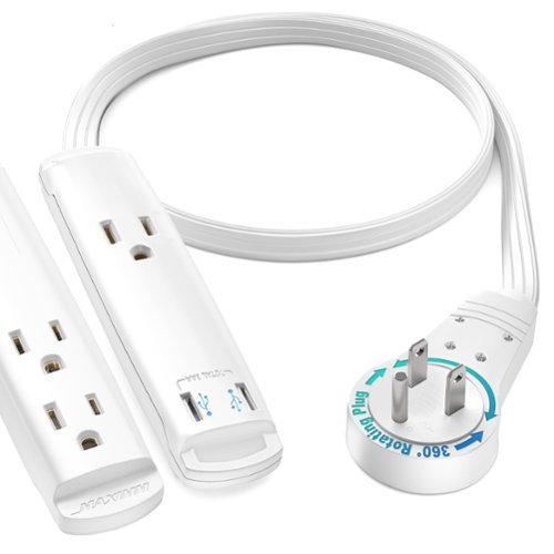 Maximm - Extension Cord with USB Ports 1FT, 360° Rotating Flat Plug, 3-Outlet with USB Ports (2 Ports), 3 Prong, UL Certified - White-Front_Standard 