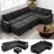 Dyonery - 7-Seat Modular Sectional Sleeper Sofa with Pull-Out Bed, Reclining Backrest, USB Ports, Table, LED Lights,Black - Black-Front_Standard