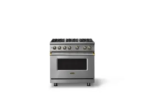 Front. Viking - 36"W. 5.1 Cu. Ft. Freestanding Manual Clean Sealed 6 Burner Gas Convection Range-Stainless Steel/Brushed Brass - Stainless Steel.
