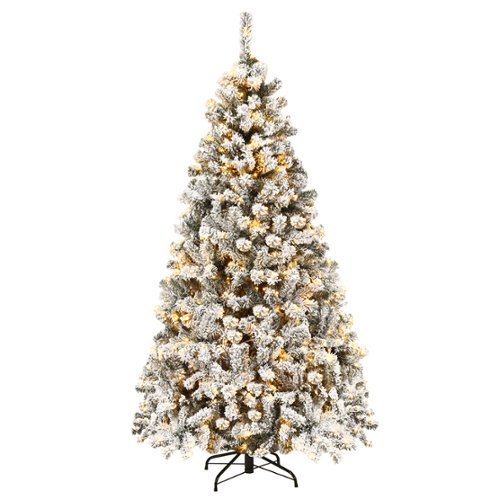 Costway - 6 ft Pre-Lit Premium Snow Flocked Hinged Artificial Christmas Tree with 250 Lights - Green /White
