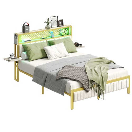 Bestier Queen Size Bed Frame with Upholstered Headboard Integrated Storage LED Lighting, and Charging Station - White