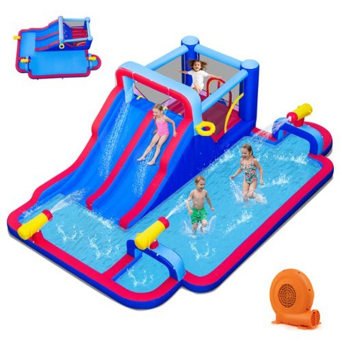  Costway - Inflatable Water Slide Park Kids Bounce House Splash Pool with 750W Blower - Multi-color