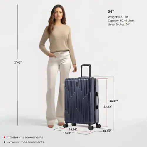 - **24"**
  - Weight: 6.87 lbs
  - Capacity: 60.46 Liters
  - Linear Inches: 56"

- **Interior measurements**
  - 16.14"
  - 17.32"
  - 10.03"

- **Exterior measurements**
  - 26.37"
  - 23.23"
  - 14"

- **Height reference**
  - 5'-6"