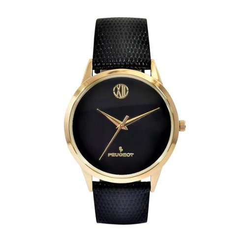 Leather Band Peugeot Quartz Watch Peugeot Men's 40mm Wafer Slim Round Gold  Plated Case Watch Black