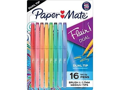 Paper Mate - Flair! DUAL Calligraphy Pens, Brush/Medium Tips, 16/Pack (2181607) - Assorted Colors