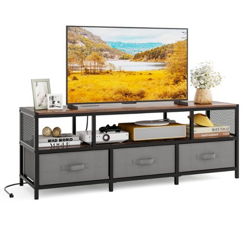 Gymax - TV Stand for TVs up to 65'' w/ Power Outlets USB Charging Open Shelf Coffee - Rustic Brown, Gray, Black-Front_Standard 