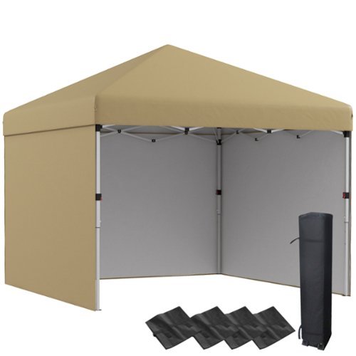 Outsunny - 10' x 10' Pop Up Canopy Tent with 3 Sidewalls, Leg Weight Bags and Carry Bag, Height Adjustable - Beige-Front_Standard 