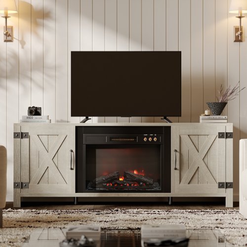 Bestier - 63" Fireplace TV Stand with Vintage Mechanical Buttons, Farmhouse Entertainment Center for 70" TVs - Vintage Gray White-Front_Standard 