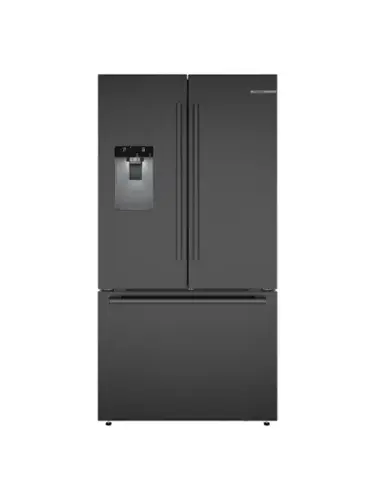 Front. Bosch - 500 Series 26 Cu. Ft. 3-Door French Door Smart Refrigerator with External Water and Ice - Black Stainless Steel.