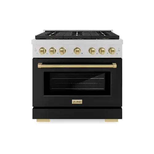 Front. ZLINE - Autograph 36 in. 5.2 cu. ft. Freestanding Paramount Dual Fuel DuoPro Range in Satin Steel w/ Black & Bronze Accents - Black Matte.