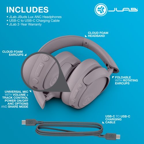 JLab JBuds Lux ANC Wireless Bluetooth Over-Ear Headphones with Active Noise Cancelling, Spatial Audio & 70+ Hour Battery - Mauve GLOBAL SHIPPING