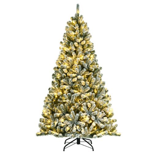Costway - Pre-lit Snow Flocked Hinged Christmas Tree w/ 928 Tips & Metal Stand - Green/White