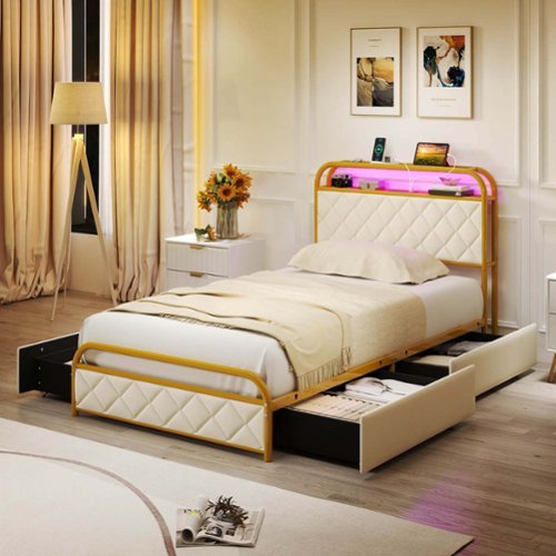 Costway Twin Size Bed Frame with LED Lights & Charging Station Storage Headboard & Drawers - Golden + White