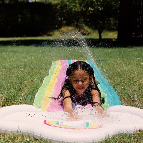Salus Brands, LLC Rae Dunn: Splish Splash Rainbow Slide & Ride -16 Foot Water Slide Sprinkler, CocoNut Float, Durable Sliding Mat, Age 5+ GLOBAL SHIPPING