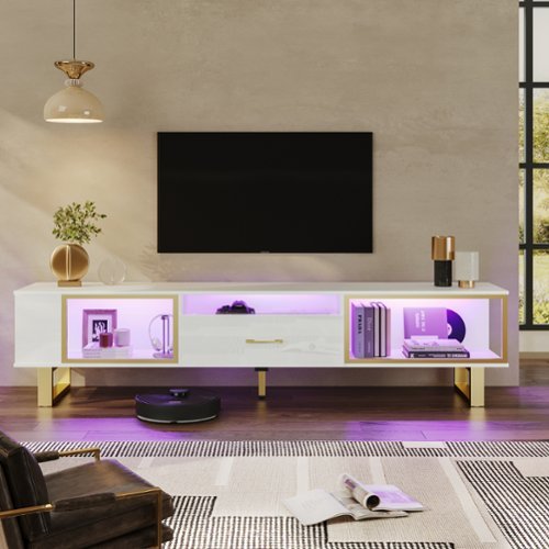Bestier - LED Gaming TV Stand for TVs up to 80 Inch,Entertainment Center with Drawer & Storage for Living Room - White Glossy-Front_Standard 