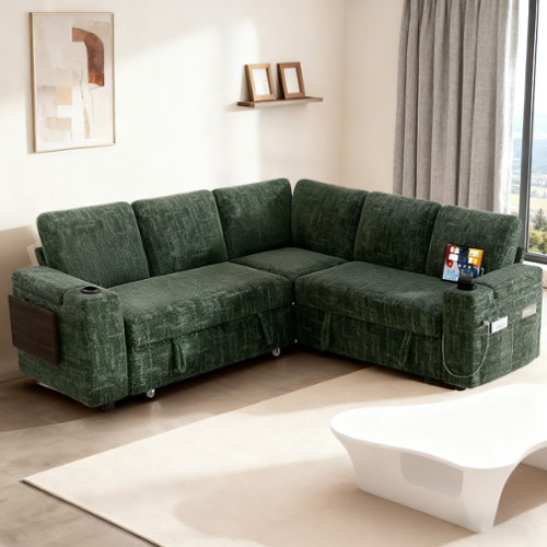 Vipbear - 110" Modular Sectional Sofa with Pull Out Bed,Chenille Fabric 7 Seat Sectional Sleeper Sofa with Storage,for Living Room - Green-Front_Standard 