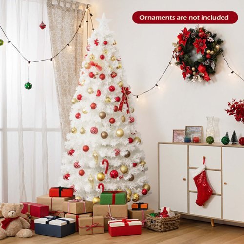 Costway - 7 FT Pre-Lit Christmas Tree Fiber Optic Snow-Flocked with 270 Lights & Branch Tips
