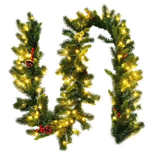 Costway 9Ft Pre-lit Artificial Christmas Garland Red Berries w/ 100 LED Lights & Timer - Green