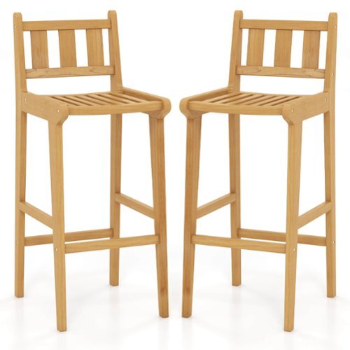 Costway 2 PCS 30" Teak Wood Bar Stool with Footrest & Backrest Wooden Bar Height Chair - Natural
