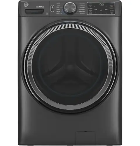 The image features a black washing machine with a large drum. The machine is designed with an Ultrafresh vent system, which ensures proper air circulation and helps maintain the freshness of the clothes being washed. The washing machine is also equipped with a timer, which allows users to set the desired washing time for their clothes. The machine is placed in a room with a white background, making it stand out prominently in the scene.