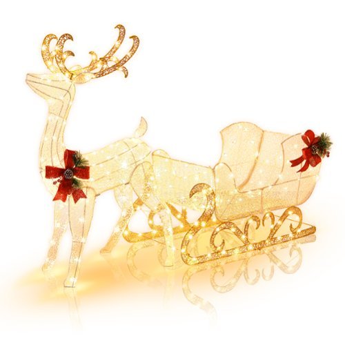 Costway 6 FT Christmas Lighted Reindeer & Santa's Sleigh W/ 215 LED Lights & 4 Stakes - Gold