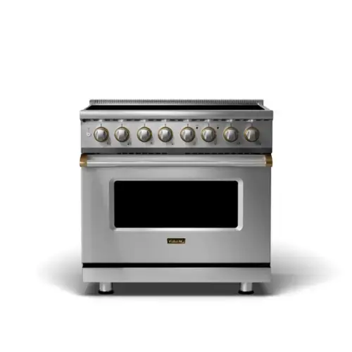 Front. Viking - 5 Series 36" Wide 5.6 Cubic Foot Freestanding Electric Induction Range - Stainless with Brushed Brass Accents.