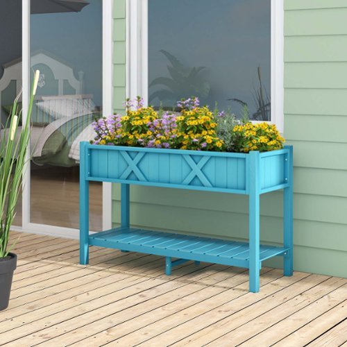 44" HIPS Raised Garden Bed with Legs, Storage Shelf & Drainage Holes, Weatherproof Elevated Planter Box for Backyard, Balcony, Flowers, Herbs Blue