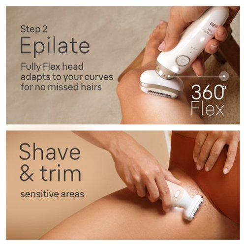 Braun Silk-épil 9 Flex-Pivoting SkinSpa Epilator, Wet/Dry, Shaver Head, Massage Pad, Exfoliation Brush and BodyTrimmer - White/Tinted Gold BUY ONLINE