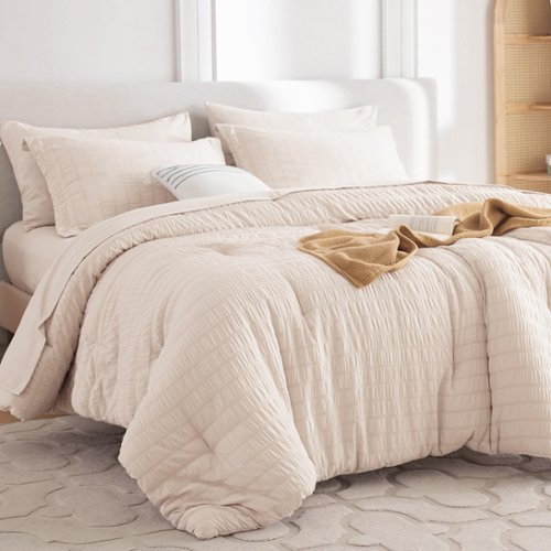 Dazzed Corner - Seersucker 5/7 Pieces Bed in a Bag Comforter Set with Sheets, Pillowcases & Shams - Beige-Front_Standard 