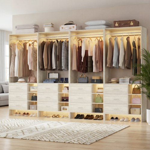 Aheaplus - 10FT Large Closet System 4-Piece Set with 12 Drawers, 118'' Walk-in Closet Organizer with Hanging Rods for Closet - Beige Oak-Front_Standard 