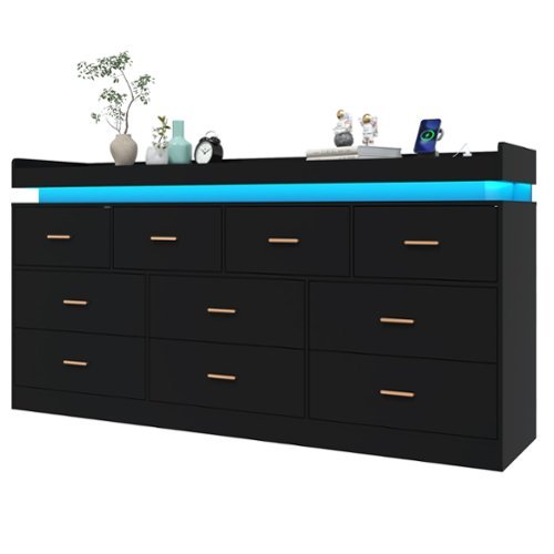 Lent Glitter Wood - 10 Drawer LED Dresser with USB Charging, Modern Storage Cabinet for Closet Organization, Living Room & Hallway Furniture - Black-Front_Standard 