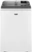 The image shows a white Maytag washer and dryer combo. The washer is positioned on the left side of the image, while the dryer is on the right side. The appliances are white and have a sleek design. The washer is a front loader, and the dryer is a top loader. The combination of these two appliances makes for a convenient and efficient laundry setup in a home.
