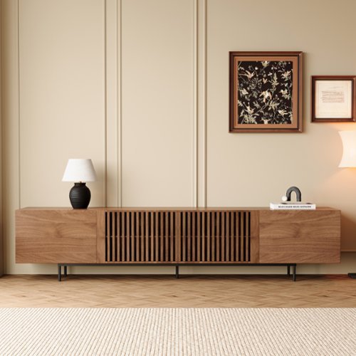 luck idea - 94.48" Oversized Walnut Grain TV Stand | Living Room Entertainment Center with Open Storage & Cable Management - Walnut Color-Front_Standard 