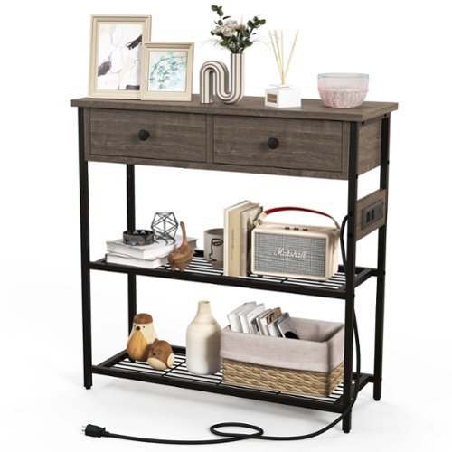 Costway Entryway Table with Charging Station Narrow Console Table with 2 Drawers - Grey Oak