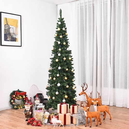 Costway - 7.5ft Pre-Lit Hinged Pencil Christmas Tree 350 Multicolor Lights - Green
