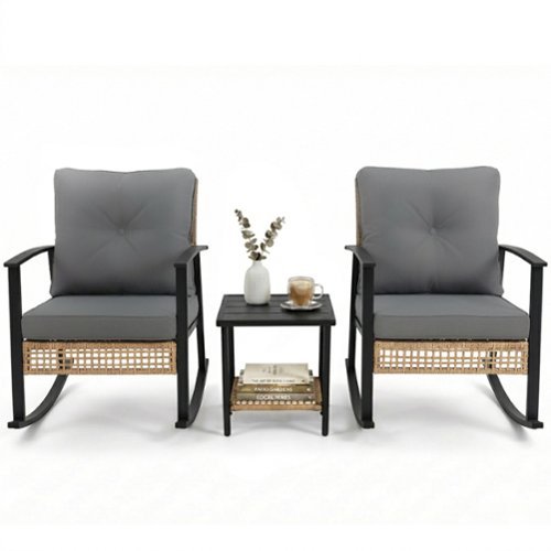 Yardgrace - 3-Piece Outdoor Rocking Set, Oversize Rattan Chairs with Thick Cushions & 2-Tier Coffee Table for Patio Garden - Gray-Front_Standard 