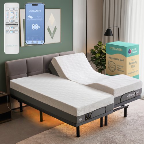 Renanim - SF Split King Adjustable Bed with 12" Cooling Gel Memory Foam Mattress, Massage, Zero Gravity Electric Bed - Gray-Front_Standard 
