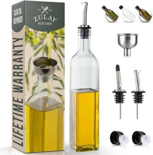  Zulay Kitchen - 1 Pack Glass Oil Container with Spout, Pourers and Funnel - Clear